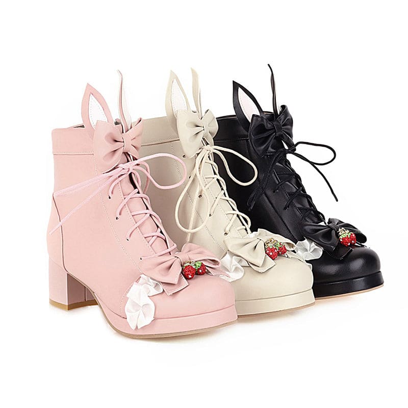 Sweet Strawberry Bow Lolita Lace Up Boots