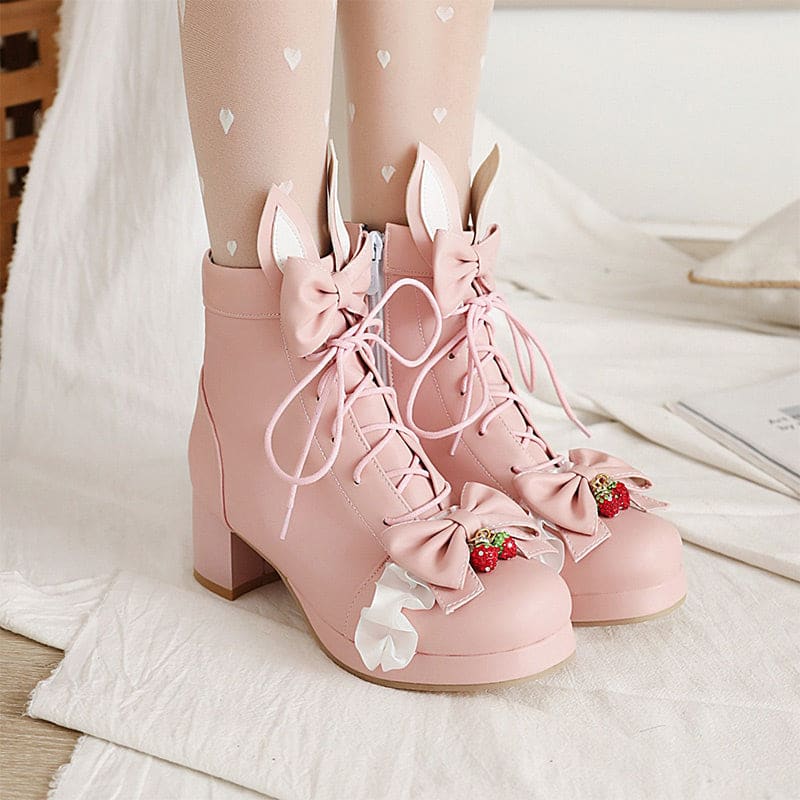 Sweet Strawberry Bow Lolita Lace Up Boots