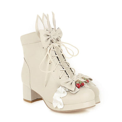 Sweet Strawberry Bow Lolita Lace Up Boots - Beige / 35