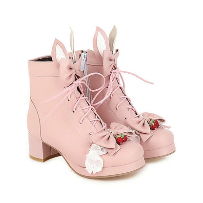 Sweet Strawberry Bow Lolita Lace Up Boots - Pink / 35