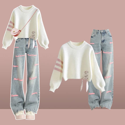 Sweet Stripe Sleeve Sweater Letter Casual Denim Pants