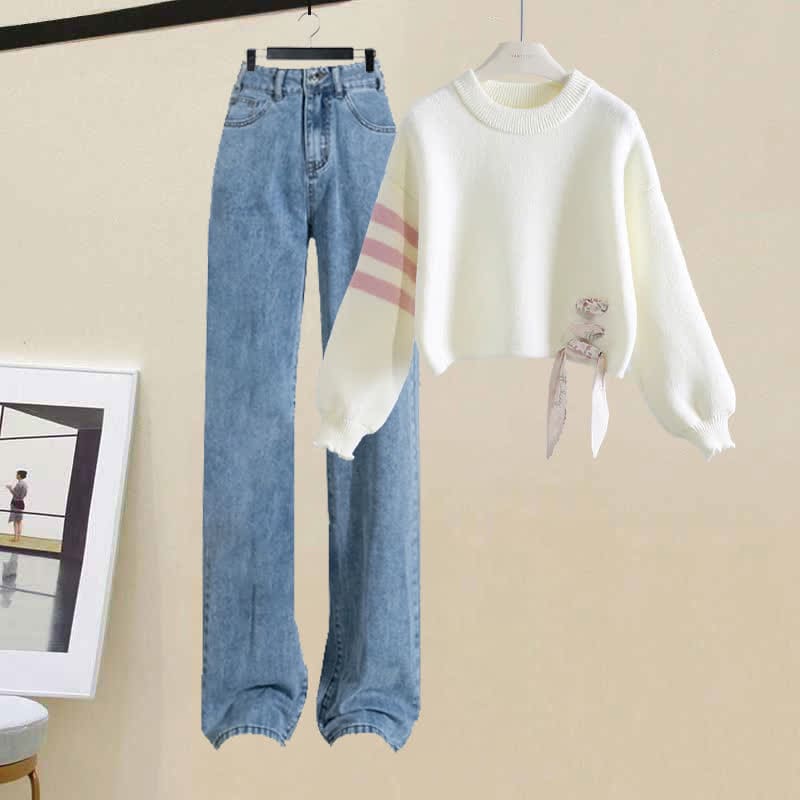 Sweet Stripe Sleeve Sweater Letter Casual Denim Pants - Set