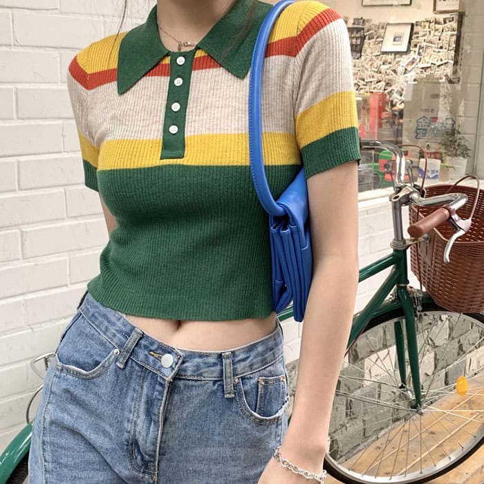 Sweet Striped Ribbed Crop Top - Free Size / Green/yellow