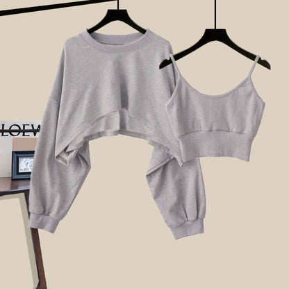 Sweet Tank Top Sweatshirt Casual Pants Set - Gray Top