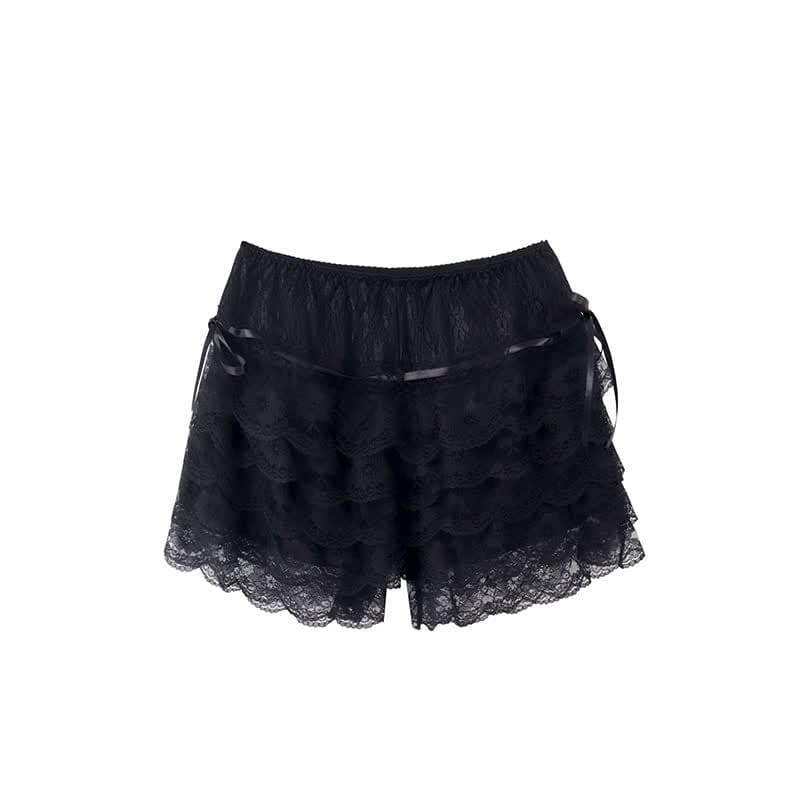 Sweet White Lace-up Layered Lace Trim Undershorts - Black