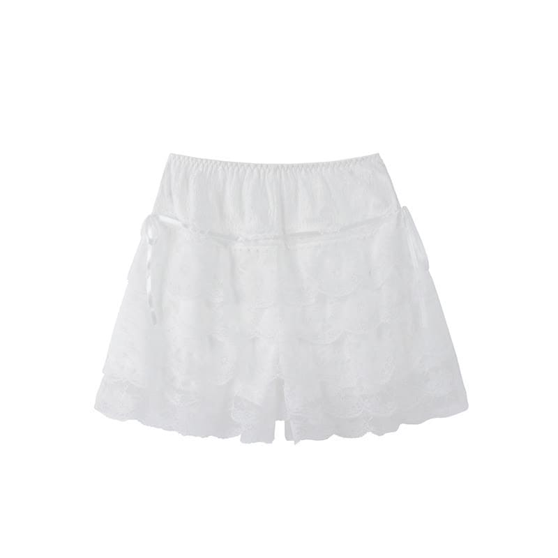 Sweet White Lace-up Layered Lace Trim Undershorts - White