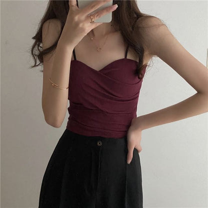 Sweetheart Neckline Plain Crop Camisole Top - Wine Red