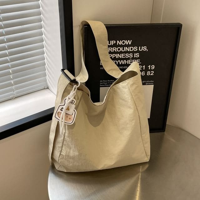 Textile Plain Shoulder Bag - With Bag Charm - Off-White