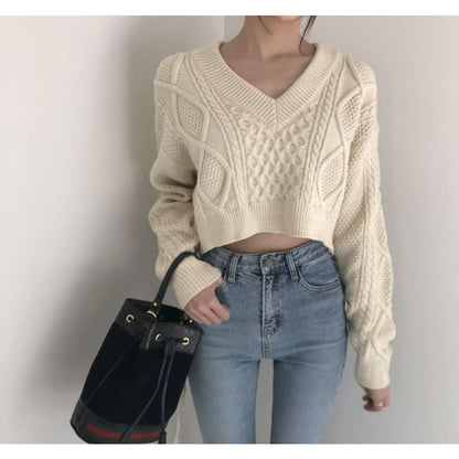 Tie-Back Cable-Knit V-Neck Sweater