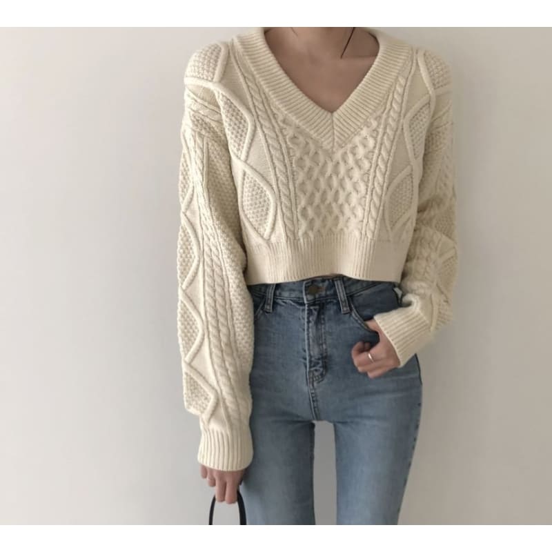 Tie-Back Cable-Knit V-Neck Sweater