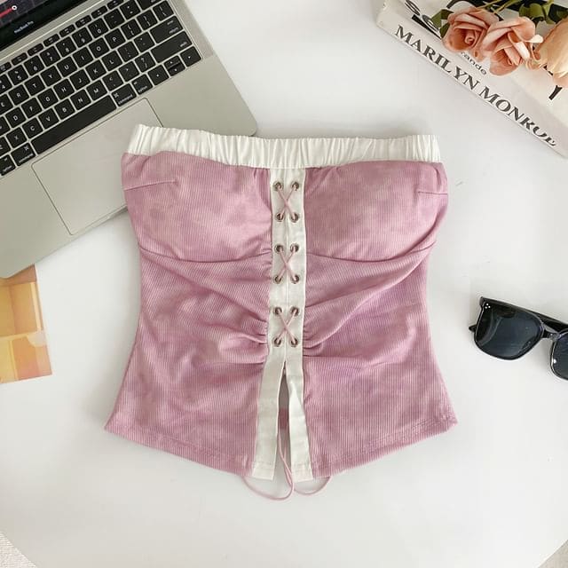 Tie Dye Lace Up Panel Tube Top - Pink / One Size