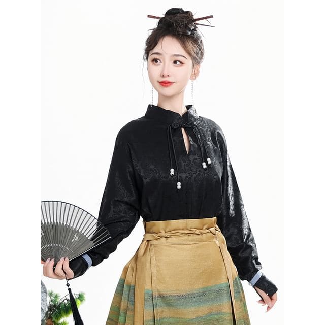 Tie Neck Hanfu Top / Mid Rise Print Maxi Skirt / Set - Top