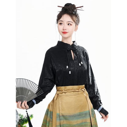 Tie Neck Hanfu Top / Mid Rise Print Maxi Skirt / Set - Top