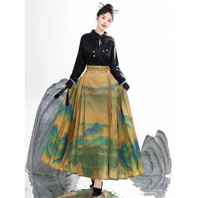 Tie Neck Hanfu Top / Mid Rise Print Maxi Skirt / Set - Set