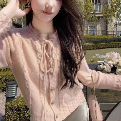 Tie-Neckline Cable-Knit Round-Neck Cardigan - Pink