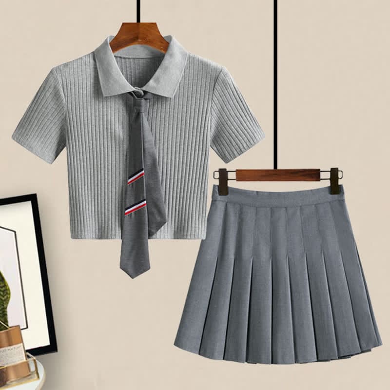 Tie Polo T-Shirt Crop Top Pleated Skirt Set - Set / M