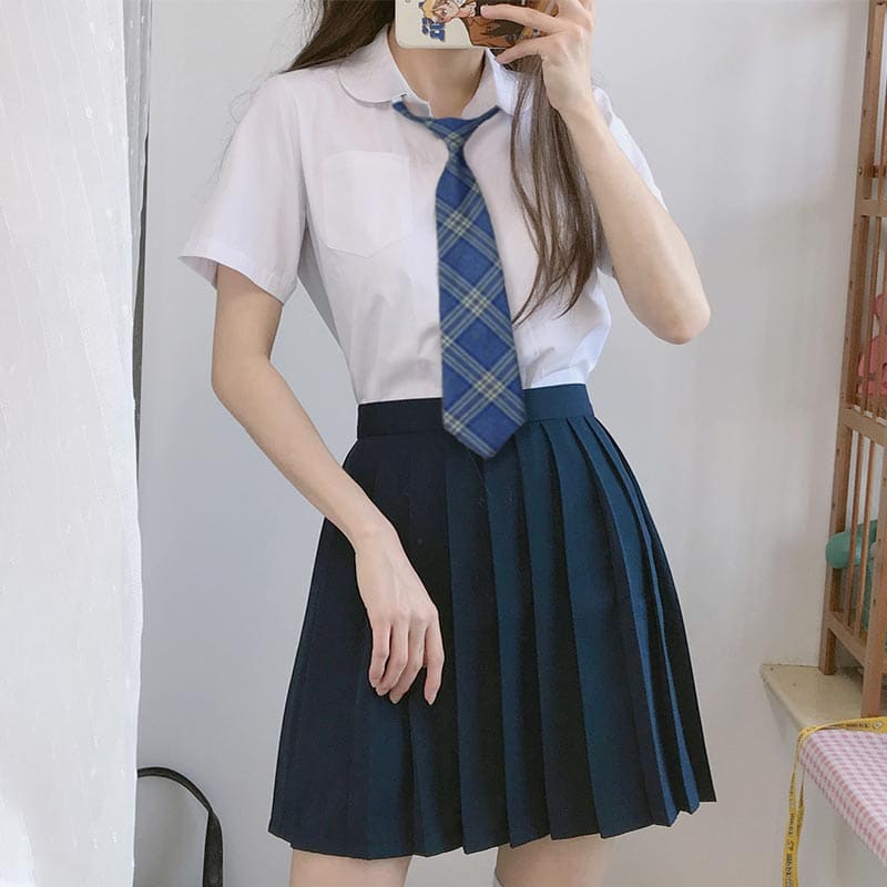 Tie Shirt Pleated Skirt Stockings College Style Set - Short