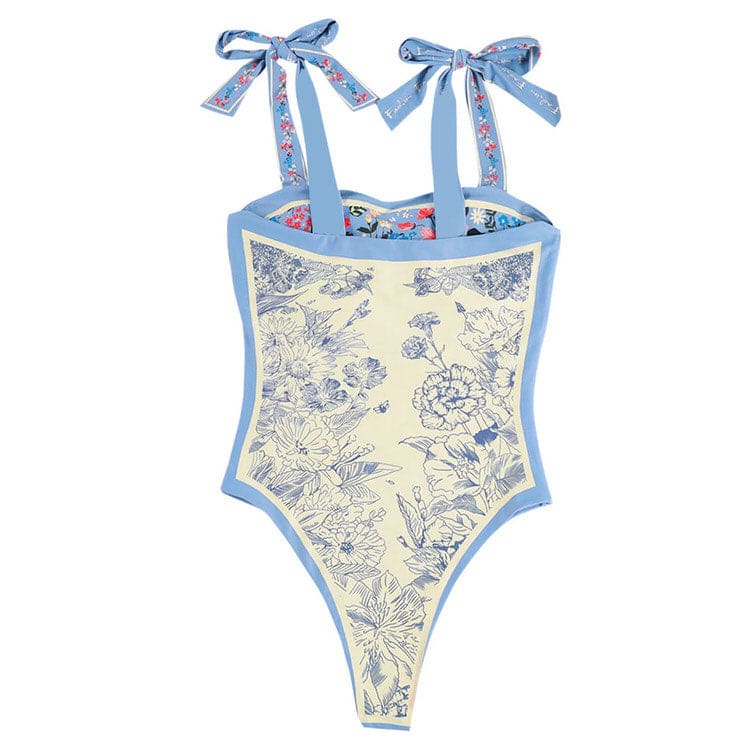 Tie Strap Floral Blue Swimsuit - Swimsuit