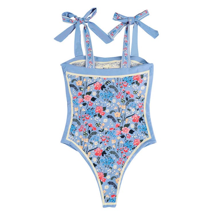 Tie Strap Floral Blue Swimsuit - S / Blue - Swimsuit