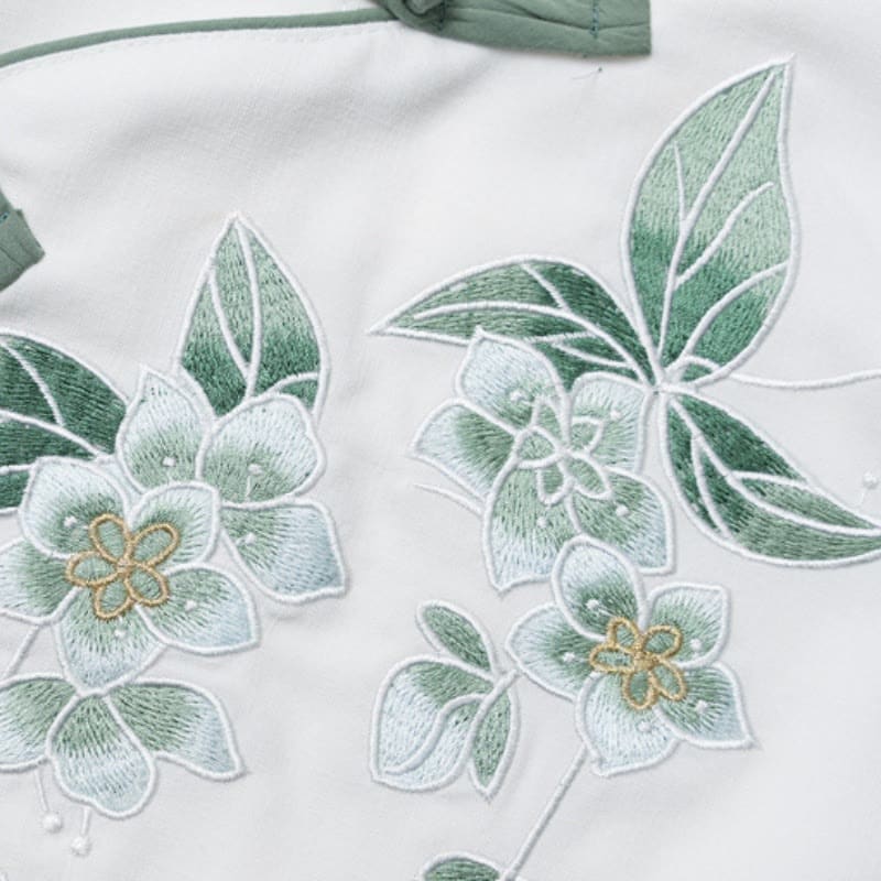 Traditional Buckle Embroidery Flower Print Shirt Pleated