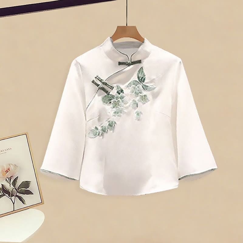 Traditional Buckle Embroidery Flower Print Shirt Pleated