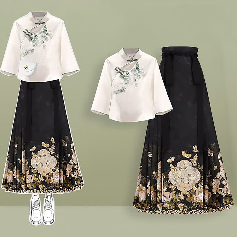 Traditional Buckle Embroidery Flower Print Shirt Pleated