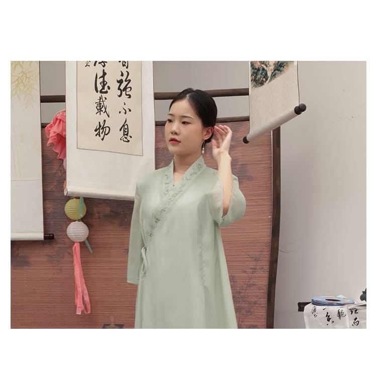 Traditional Chinese 3/4-Sleeve Midi A-Line Dress / Pants