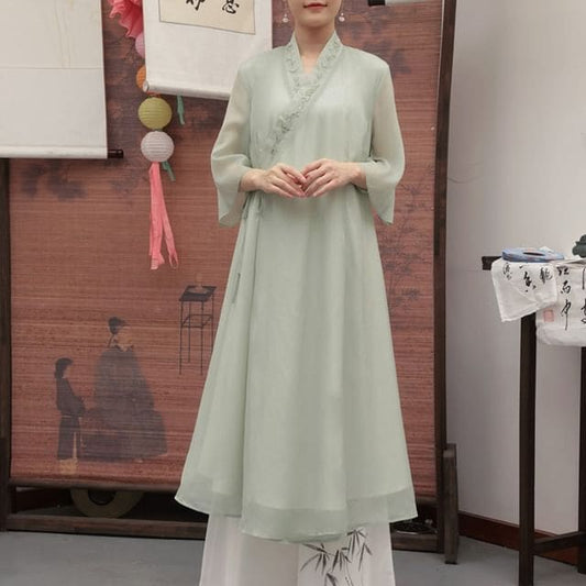 Traditional Chinese 3/4-Sleeve Midi A-Line Dress / Pants