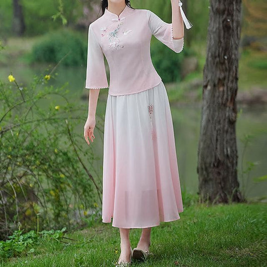 Traditional Chinese 3/4-Sleeve Top / High Rise Midi A-Line