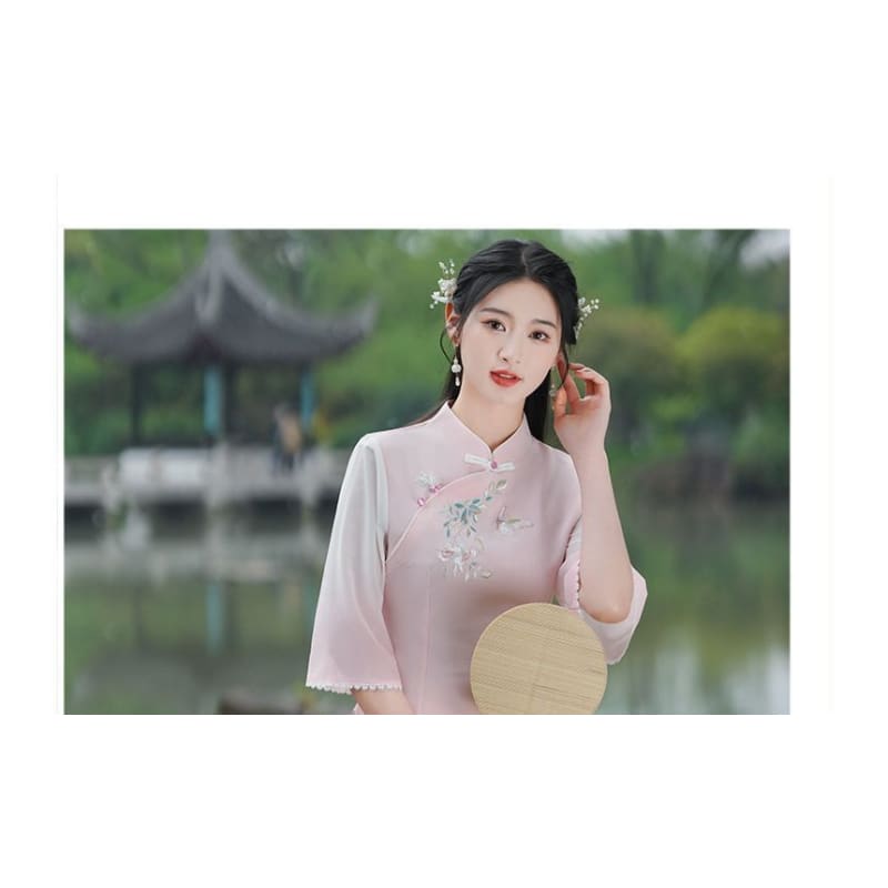 Traditional Chinese 3/4-Sleeve Top / High Rise Midi A-Line