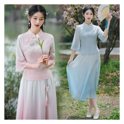 Traditional Chinese 3/4-Sleeve Top / High Rise Midi A-Line