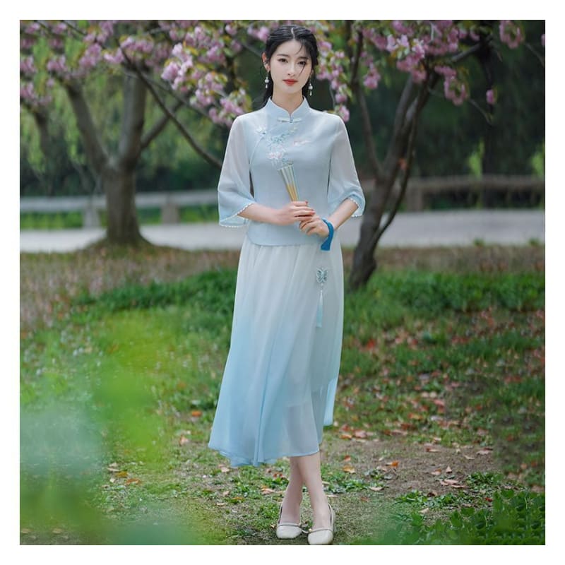 Traditional Chinese 3/4-Sleeve Top / High Rise Midi A-Line