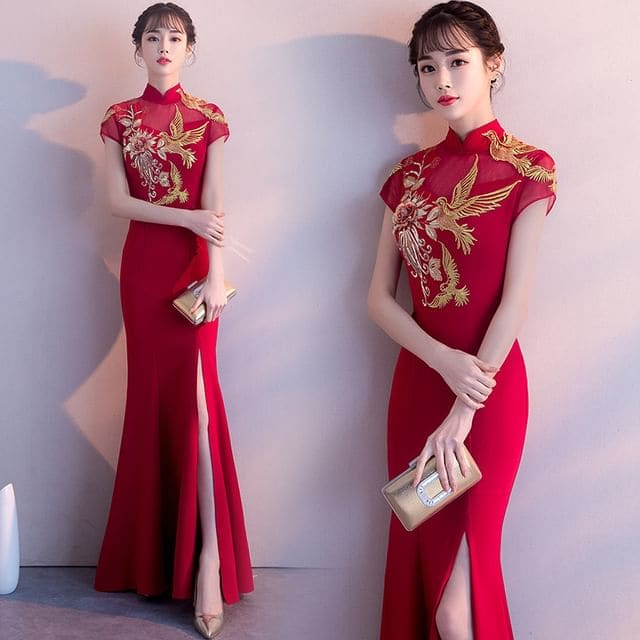 Traditional Chinese Cap-Sleeve Embroidered Mermaid Evening