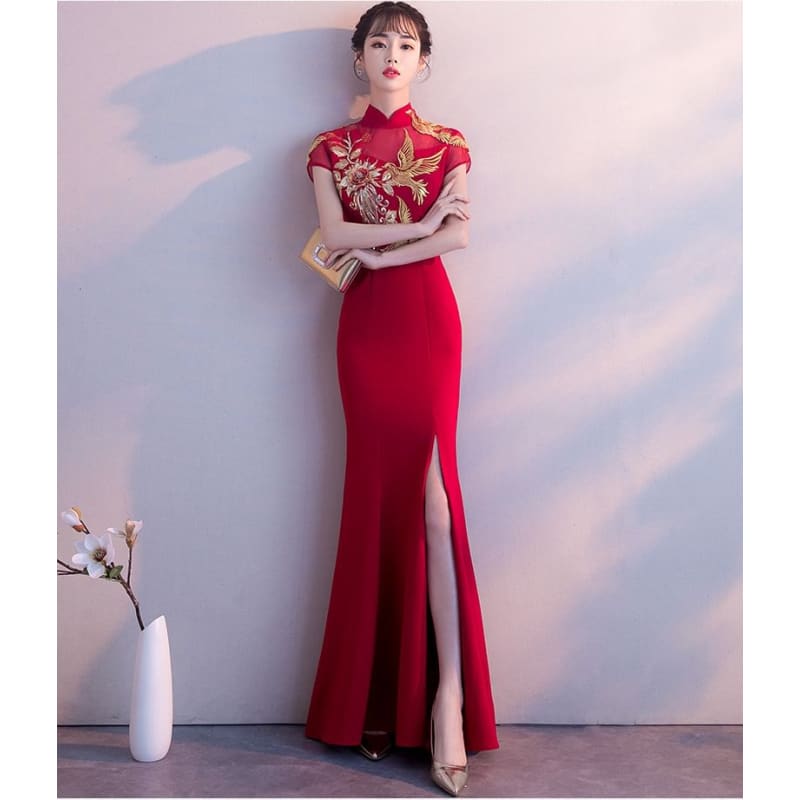 Traditional Chinese Cap-Sleeve Embroidered Mermaid Evening