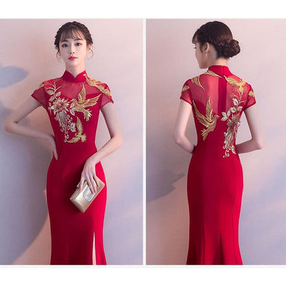 Traditional Chinese Cap-Sleeve Embroidered Mermaid Evening