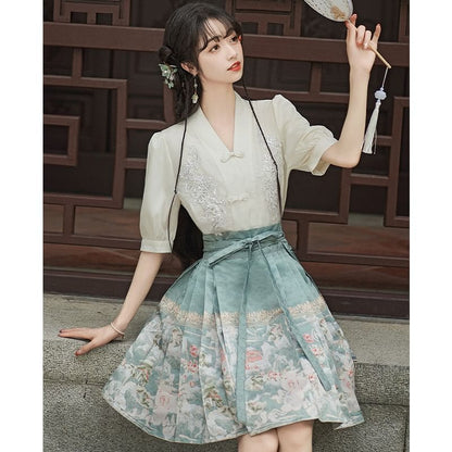 Traditional Chinese Elbow-Sleeve V-Neck Floral Embroidered