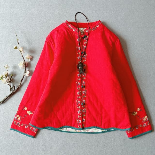 Traditional Chinese Embroidered Frog Buttoned Jacket - Red