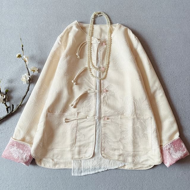 Traditional Chinese Jacquard Frog Button Jacket - Off-White