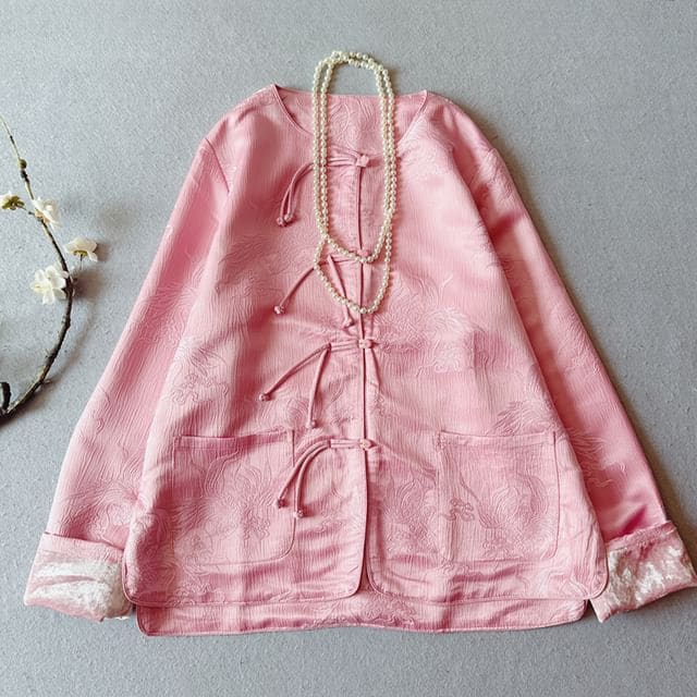 Traditional Chinese Jacquard Frog Button Jacket - Pink