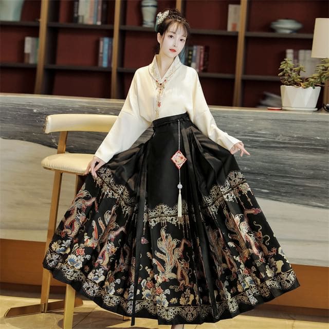 Traditional Chinese Long - Set - Shirt & Skirt - Black / S