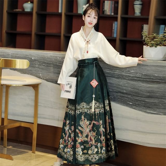 Traditional Chinese Long - Set - Shirt & Skirt - Green / S