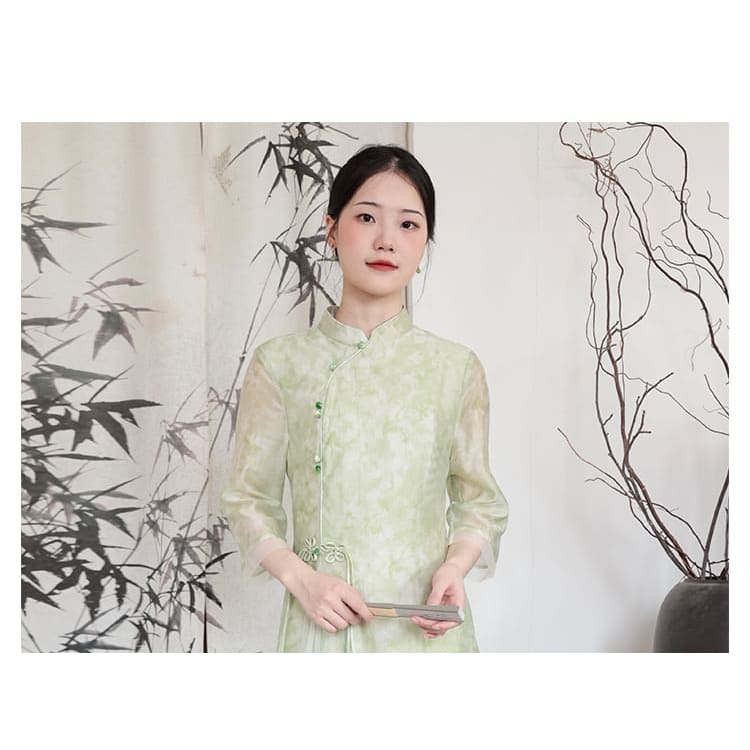 Traditional Chinese Long-Sleeve Print Maxi A-Line Dress