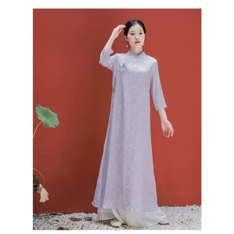 Traditional Chinese Long-Sleeve Print Maxi A-Line Dress