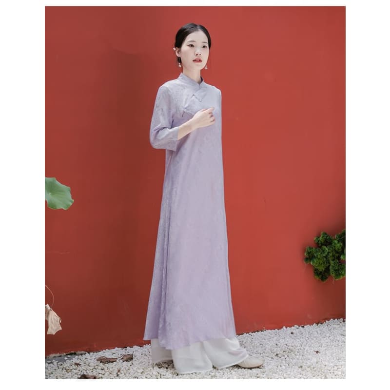 Traditional Chinese Long-Sleeve Print Maxi A-Line Dress