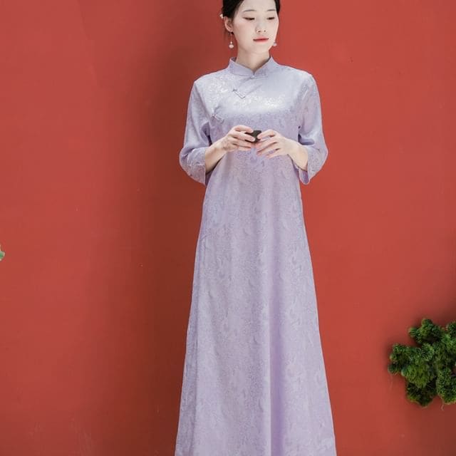 Traditional Chinese Long-Sleeve Print Maxi A-Line Dress