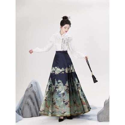 Traditional Chinese Long-Sleeve Print Shirt / High Waist