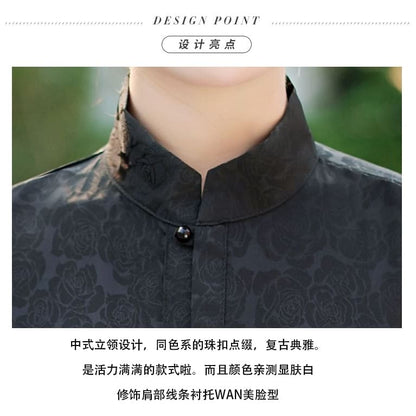 Traditional Chinese Long-Sleeve Stand Collar Plain Floral