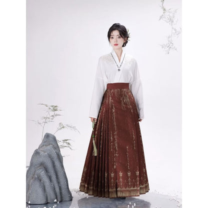 Traditional Chinese Long-Sleeve Top / Pleated Maxi A-Line