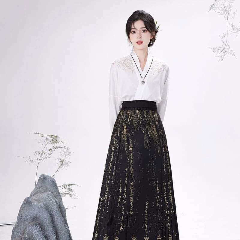 Traditional Chinese Long-Sleeve Top / Pleated Maxi A-Line