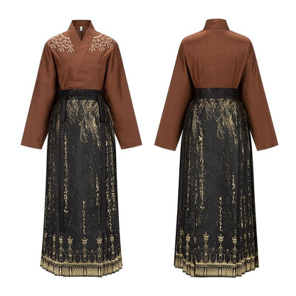 Traditional Chinese Long-Sleeve Top / Pleated Maxi A-Line